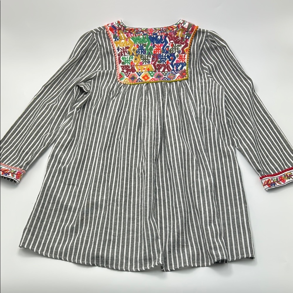 Velzera Embroidered Boho Tunic Gray Striped Pom Pom Blouse Lagenlook Top Small - Picture 11 of 15